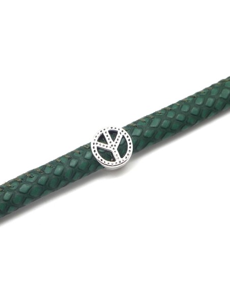 Perle passant "Peace and Love" ronde en métal argenté à gros trou