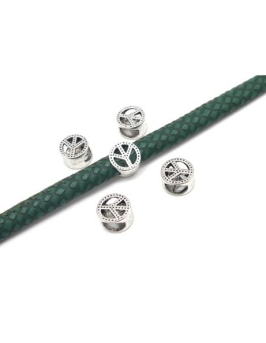 Perle passant "Peace and Love" ronde en métal argenté à gros trou pour cordon de 5mm