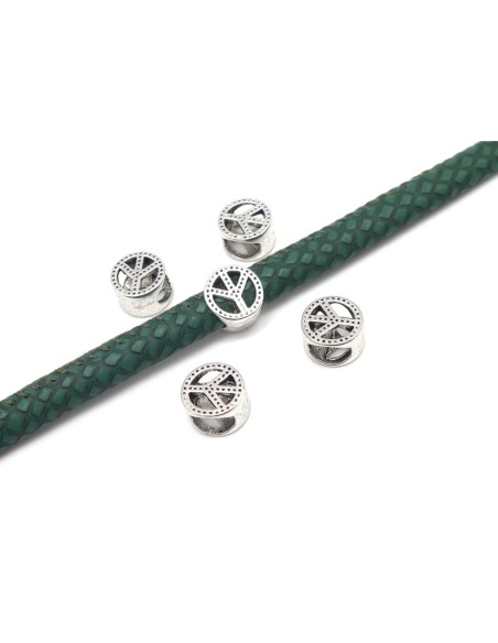 Perle passant "Peace and Love" ronde en métal argenté à gros trou pour cordon de 5mm