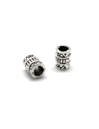 20 Perles tube en métal argenté travaillé à gros trou 3,6mm style ethnique aztèque