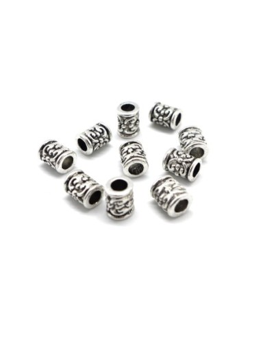 Perle tube en métal argenté travaillé à gros trou 3,2mm style ethnique