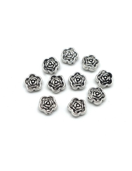 20 Perles fleur en métal argenté 7,2mm connecteur rose travaillé