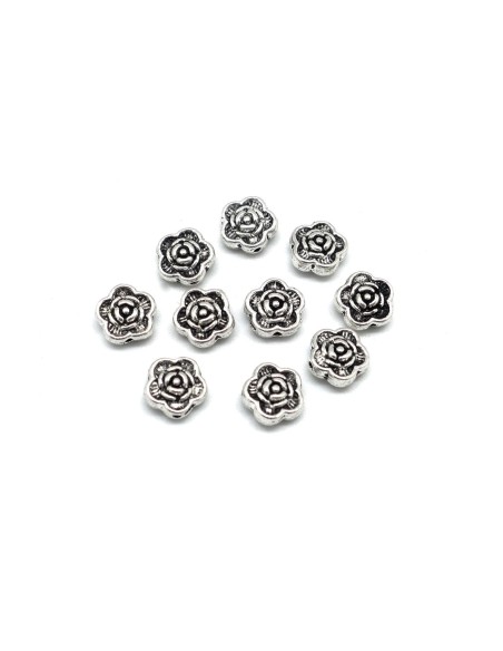 20 Perles fleur en métal argenté 7,2mm connecteur rose travaillé