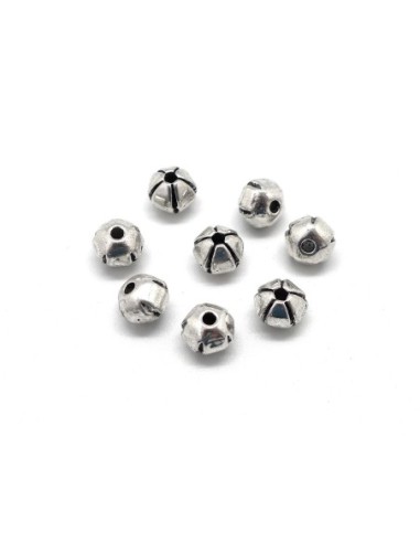 20 Perles ronde en métal argenté strié 6,5mm toupie