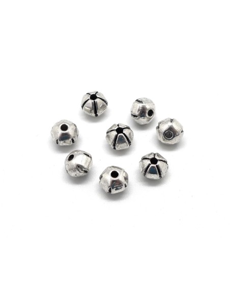 20 Perles ronde en métal argenté strié 6,5mm toupie