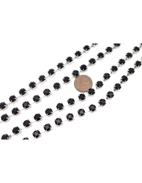 Chaînette strass noir 6mm et métal argenté