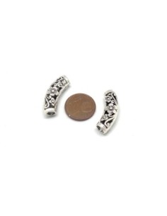 2 perles passant tube ajouré incurvé en métal argenté motif fleur 26mm 2