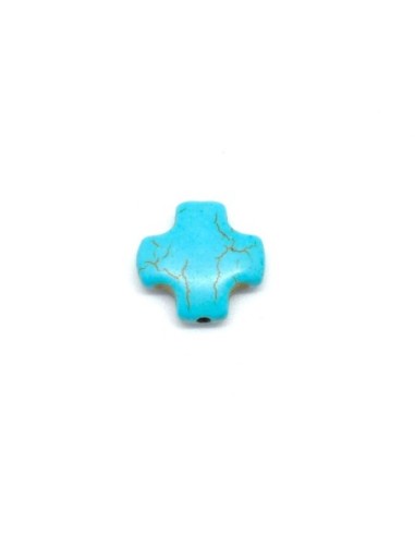 5 perles croix en pierre naturelle imitation turquoise "Howlite" bleu turquoise 15mm croix grec