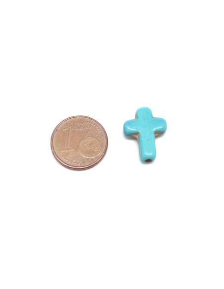 Perle croix imitation turquoise "Howlite" bleu turquoise 16mm