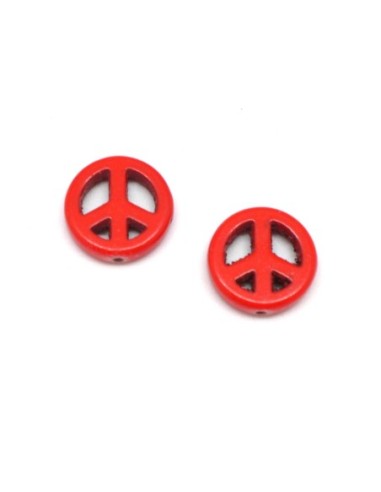 5 perles Peace and love 15mm en pierre naturelle imitation turquoise "Howlite" rouge