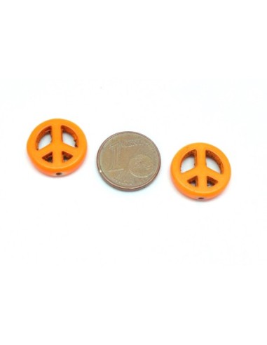 5 perles Peace and love 15mm en pierre naturelle imitation turquoise "Howlite" orange fluo