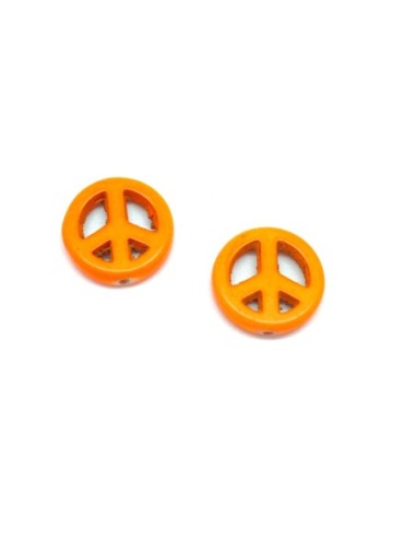 5 perles Peace and love 15mm en pierre naturelle imitation turquoise "Howlite" orange fluo