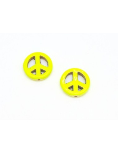 5 perles Peace and love 15mm en pierre naturelle imitation turquoise "Howlite" jaune fluo