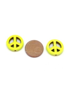 5 perles Peace and love 15mm en pierre naturelle imitation turquoise "Howlite" jaune fluo 2