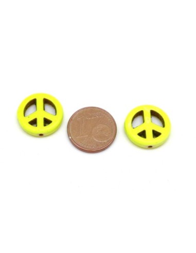 5 perles Peace and love 15mm en pierre naturelle imitation turquoise "Howlite" jaune fluo