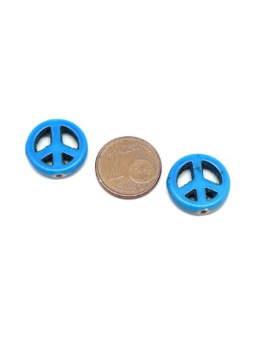 5 perles Peace and love 15mm en pierre naturelle imitation turquoise "Howlite" bleu roi