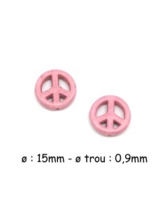 perle Peace and love 15mm en pierre naturelle imitation turquoise "Howlite" rose pâle