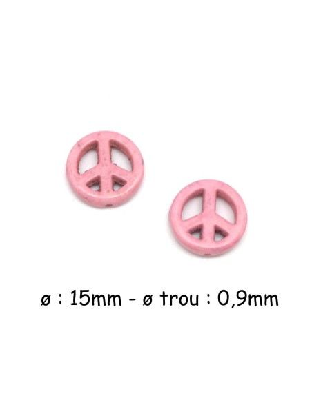 perle Peace and love 15mm en pierre naturelle imitation turquoise "Howlite" rose pâle