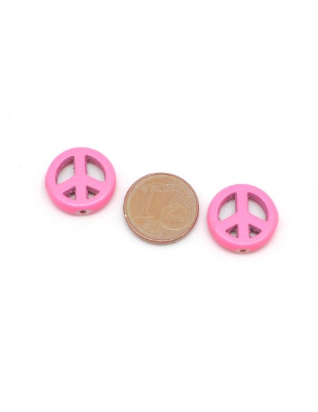5 perles Peace and love 15mm en pierre naturelle imitation turquoise "Howlite" rose pâle