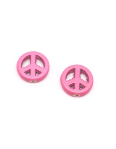 5 perles Peace and love 15mm en pierre naturelle imitation turquoise "Howlite" rose fluo