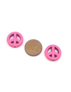5 perles Peace and love 15mm en pierre naturelle imitation turquoise "Howlite" rose fluo 2