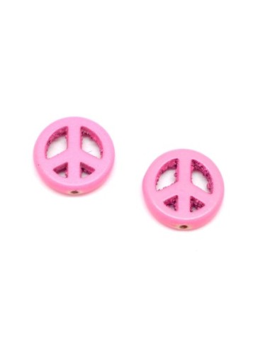 5 perles Peace and love 15mm en pierre naturelle imitation turquoise "Howlite" rose fluo