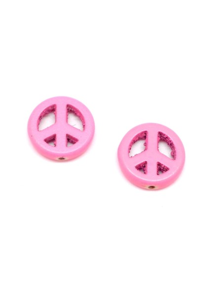 5 perles Peace and love 15mm en pierre naturelle imitation turquoise "Howlite" rose fluo