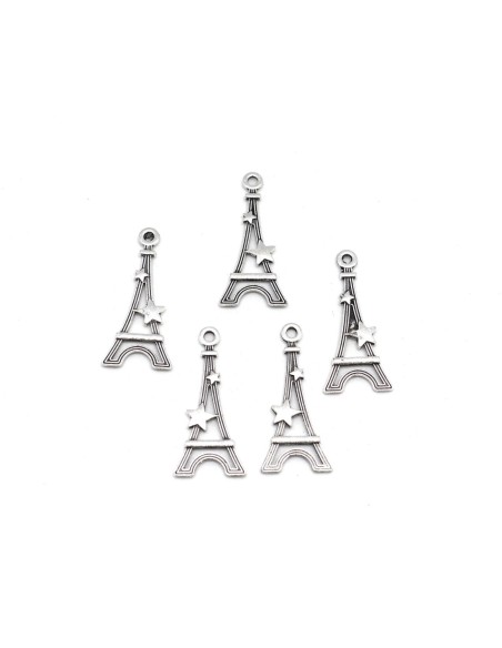 15 Breloques Tour Eiffel en métal argenté avec étoile 29mm x 13mm