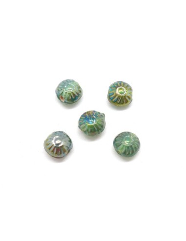 25 perles fleur soleil ronde en verre de couleur vert bouteille irisé rainbow 8,5mm