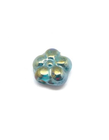 5 perles fleur en verre de couleur vert bouteille irisé bleu doré effet rainbow
