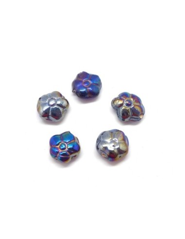 5 perles fleur en verre de couleur irisé bleu violine doré effet rainbow