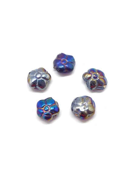 5 perles fleur en verre de couleur irisé bleu violine doré effet rainbow
