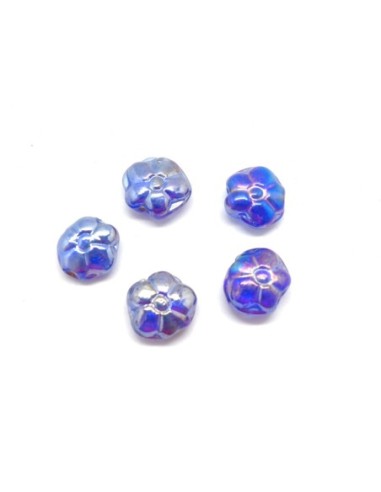 5 perles fleur en verre de couleur bleu azur irisé bleu doré effet rainbow