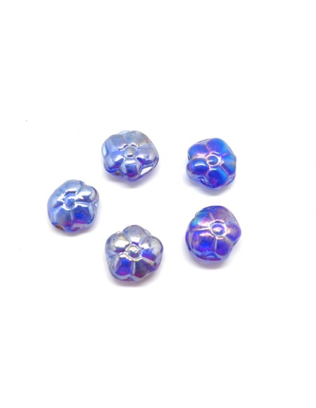 5 perles fleur en verre de couleur bleu azur irisé bleu doré effet rainbow