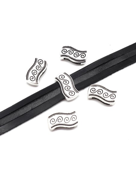 5 Perles passant en métal argenté pour lanière de 11mm motif ethnique