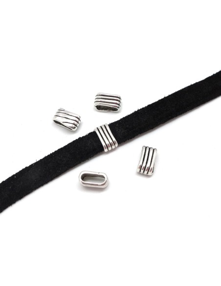 10 Perles passant rectangulaire slide pour lanière de 9mm en métal argenté strié