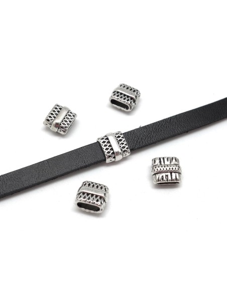 10 Perles passant rectangulaire pour lanière de 6mm en métal argenté travaillé - Slide argenté