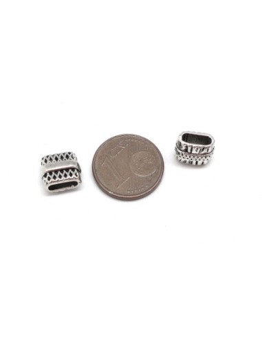 10 Perles passant rectangulaire pour lanière de 6mm en métal argenté travaillé - Slide argenté