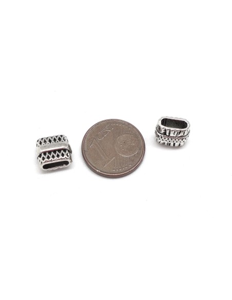 10 Perles passant rectangulaire pour lanière de 6mm en métal argenté travaillé - Slide argenté