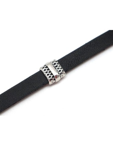 10 Perles passant rectangulaire pour lanière de 6mm en métal argenté travaillé - Slide argenté