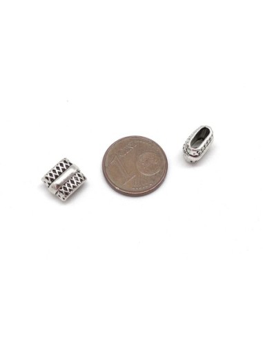 10 Perles passant rectangulaire pour lanière de 6mm en métal argenté travaillé - Slide argenté