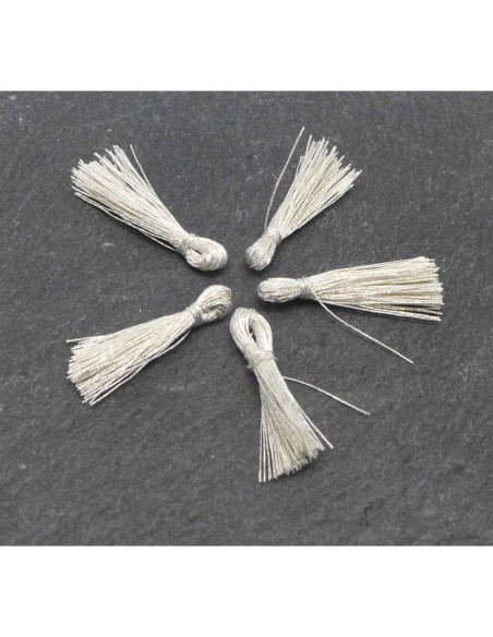 5 mini Pompons 1,5cm de couleur gris clair, perle écru brillant en lurex