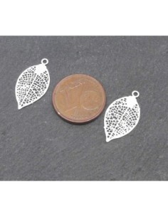 4 Estampes breloques feuille en filigrane très fine, légère et stylisé 18,9mm en métal argenté 2