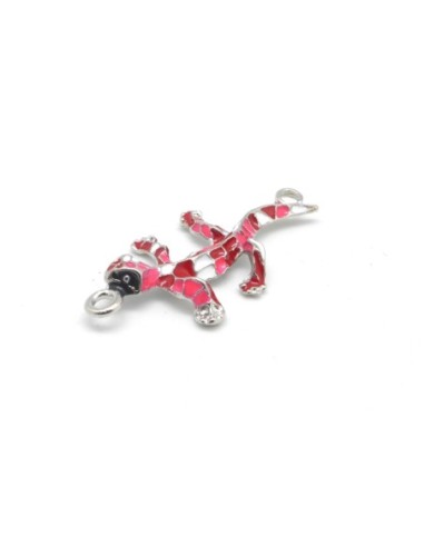 1 connecteur breloque salamandre, gecko, lézard en métal argenté émaillé rose fuchsia, rouge et blanc mosaïque