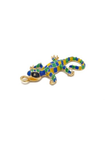 1 Breloque salamandre, gecko, lézard en métal doré émaillé mosaïque de couleur jaune, bleu et vert