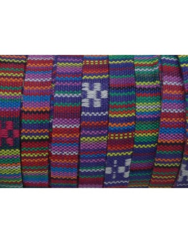 1m Lanière ethnique en coton tissé 10mm de couleur multicolore rayé dominante rose, violet