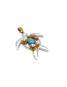 Grand Pendentif tortue 8cm en métal argenté et doré et pierre bleu turquoise