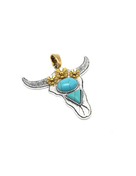 Grand Pendentif tête de taureau 7,5cm en métal argenté et doré et pierre bleu turquoise