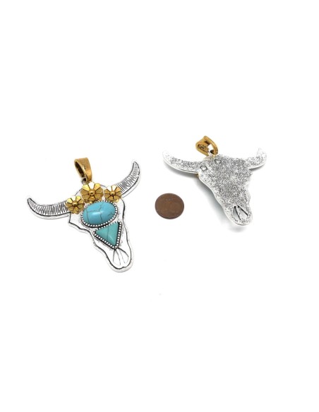 Pendentif tête de taureau 7,5cm en métal argenté et doré et pierre bleu turquoise