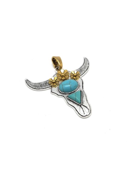 Grand Pendentif tête de taureau argenté et doré et pierre bleu turquoise